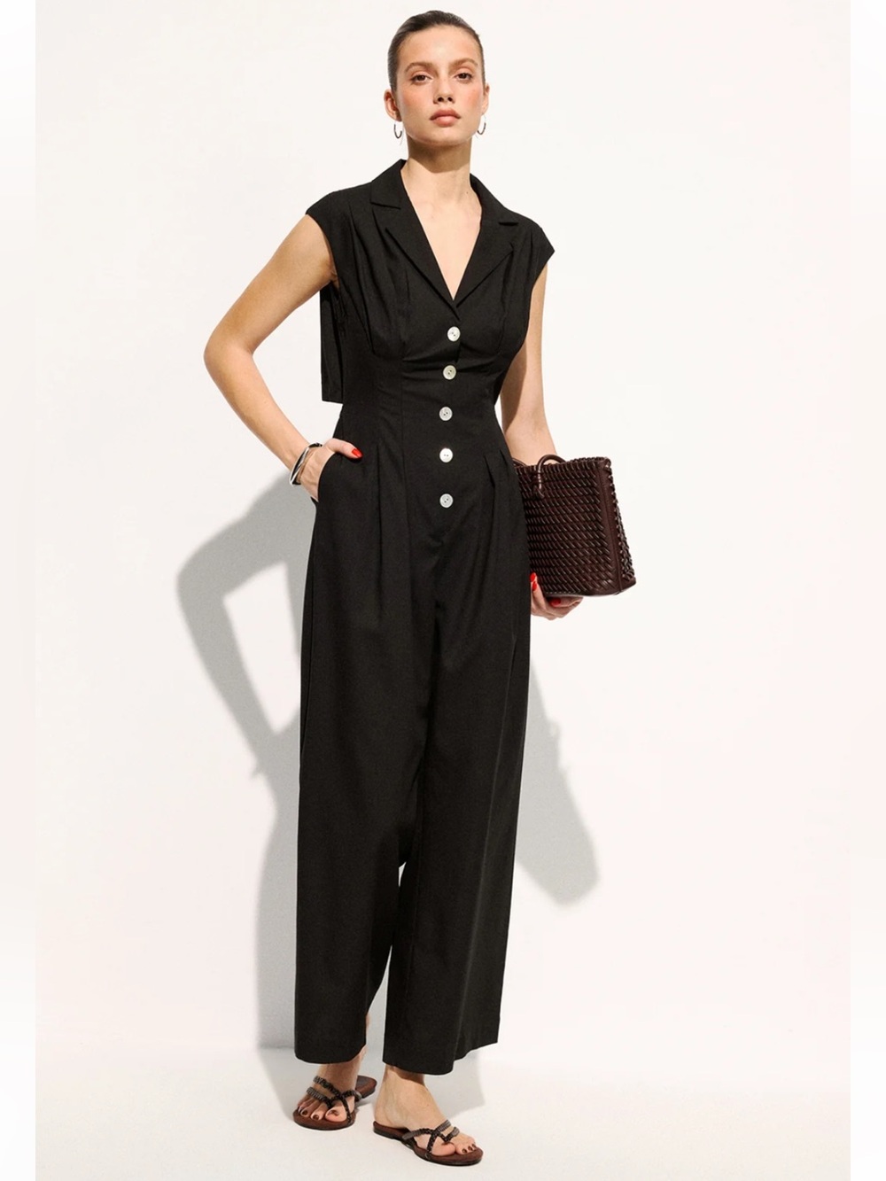 NWT Commense Linen Blend Sleeveless Lapel Wide Leg Jumpsuit in Black